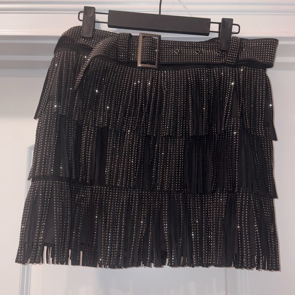 Black Tiered Fringe Mini Skirt with Rhinestone Belt